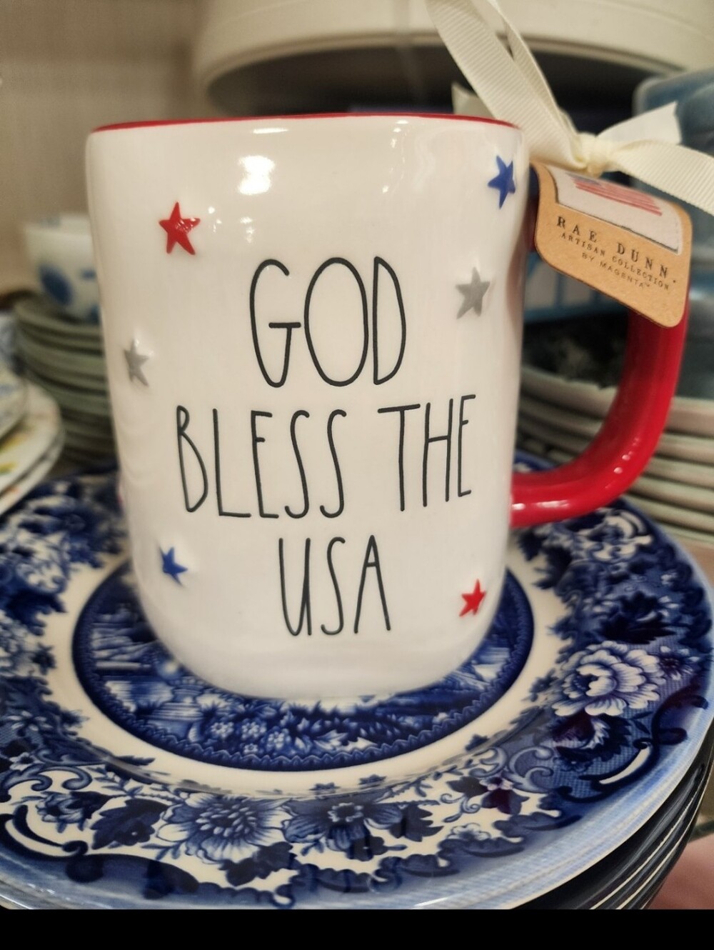 Rae Dunn White Mug with Red Handle and Patriotic Stars